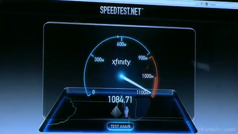 Comcast Xfinity speed test showing actual transfer rates of over a billion bits per second