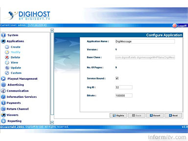 Digihost interactive television application management screen