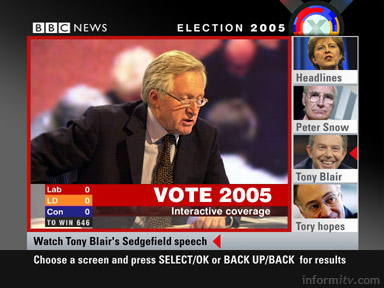 BBC Election 2005 interactive multiscreen coverage of the general election showing four additional streams of coverage available on satellite and cable.