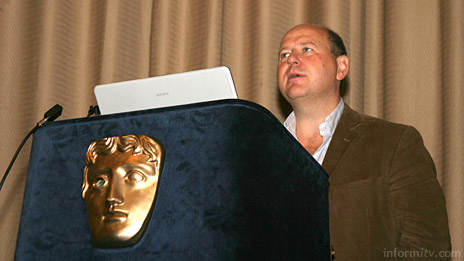 Ian Valentine, technical alliances director of Sky Interactive, presenting the Sky e-business portal at a launch event at BAFTA in London. Photo: informitv