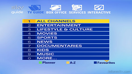 Sky Guide menu showing more channel genres, split over two screens.