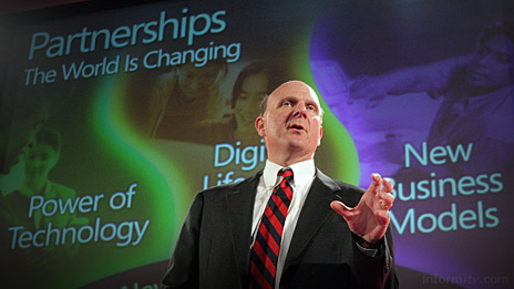 We come as friends. Microsoft chief executive Steve Ballmer delivers a keynote address at the 3GSM World Congress 2006 in Barcelona. Photo: Microsoft