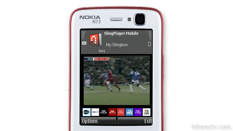 Nokia-N73 handset showing the Sling Mobile interface. Subscribers with a Slingbox will be able to watch their home video services on their mobile phone.