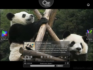 The Venice Project screenshot of programme information and playback controls over full-screen video, showing Panda Nursery from Off the Fence.