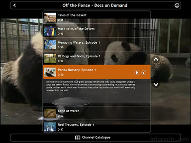 The Venice Project screenshot of an electronic programme guide overlay over a full-screen computer application, showing Panda Nursery from Off the Fence.