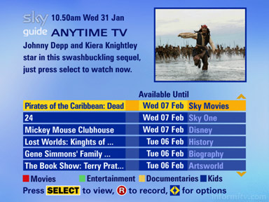 Sky Anytime TV offers push video-on-demand to digital video recorders through the electronic programme guide planner.