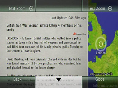 The Nintendo News Channel on the Wii games console showing a news story from the Associated Press.