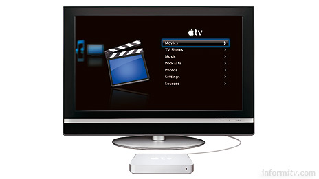 The tiny Apple TV box can be connected to a widescreen television with a single HDMI cable.