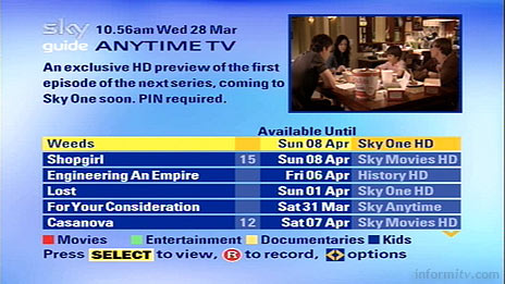 Sky Anytime menu for push video-on-demand service. Screenshot courtesy Paymedia.