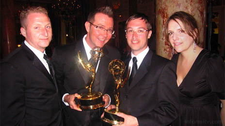 Patrick Crowe and Keith Clarkson of Xenophile Media with Aaron Leighton and Anne-Sophie Brieger of Zinc Roe Design, winners of International Interactive Emmy Awards 2007 at MIPTV in Cannes, France. Photo: Gary Hayes.