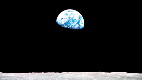 Earthrise as seen from Apollo 8 in 1968. The Japanese SELENE lunar orbiter due to launch in 2007 will contain two HD video cameras capable of relaying high-definition video images from the moon to earth. Image: NASA.