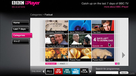 The BBC iPlayer allows users to browse programmes by genre categories.