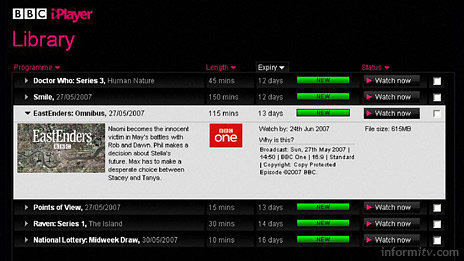 The BBC iPlayer library lists downloaded programmes which expire after 30 days.