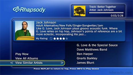 TiVo adds Rhapsody to deliver music on television.