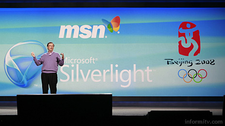 Bill Gates, the chairman of Microsoft, announcing a partnership with NBC to deliver the Olympics online using Silverlight.