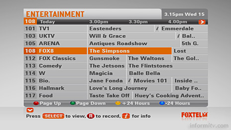 The Foxtel iQ2 programme grid.