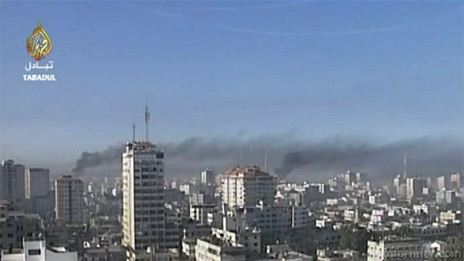 Still image of explosions in Gaza City from Al Jazeera video footage released under Creative Commons licence.