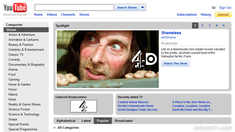 The YouTube shows section features full-length programmes from providers such as Channel 4.