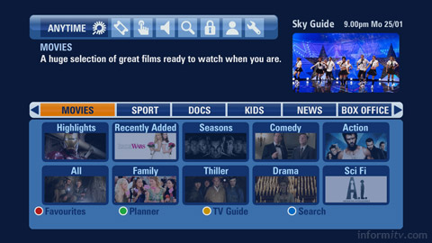 Sky Anytime+ integrates video-on-demand rogramming provided over broadband with the electronic programme guide.