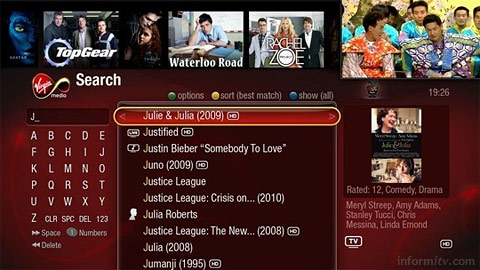 The search screen on the TiVo powered digital video recorder from Virgin Media.