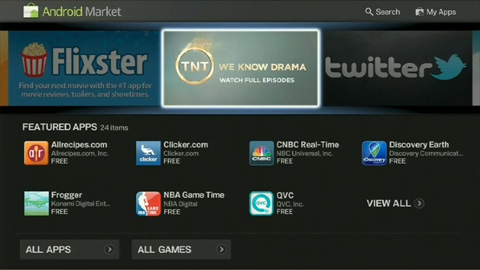 Applications in the Android Market as seen on Google TV.