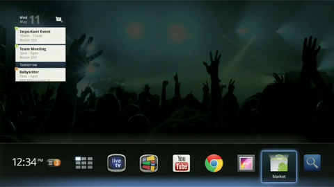 A preview of the new Google TV home screen. Users will be able to download applications from the Android Market.