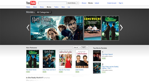 The YouTube movies page offers mainstream titles for rental, but currently only in the United States.