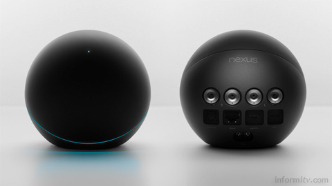 The Nexus Q, front and rear views, as revealed by Google, is an attractively designed by currently rather limited media streamer.