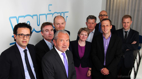 Executives representing the YouView Partners, with Lord Sugar, front.