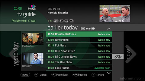 The <free time> interface presents a simple list view of earlier programmes available on demand.