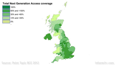 Superfast broadband availability in the United Kingdom 2012. Source: Point Topic.