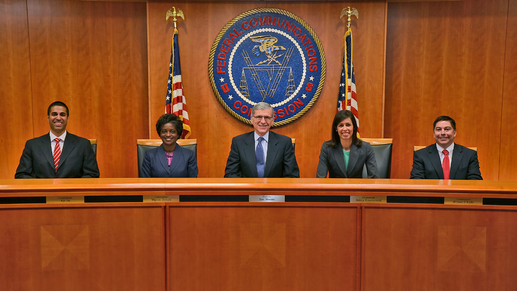 FCC Commissioners. Left to Right: Ajit Pai, Mignon Clyburn, Tom Wheeler (Chairman), Jessica Rosenworcel and Michael O'Rielly. Photo: FCC, November 2013.