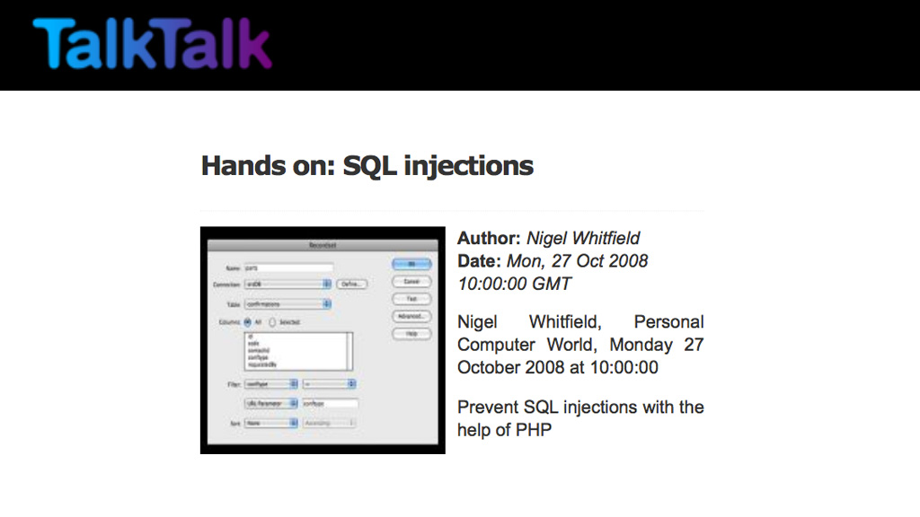 TalkTalk web site advice on SQL injections