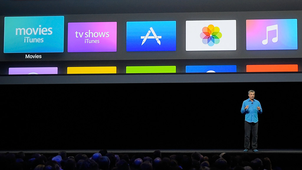 Eddy Cue, senior vice president of internet software and services at Apple, demonstrates new Apple TV capabilities at the Apple Worldwide Developer Conference 2016 in San Francisco. Photo: Apple