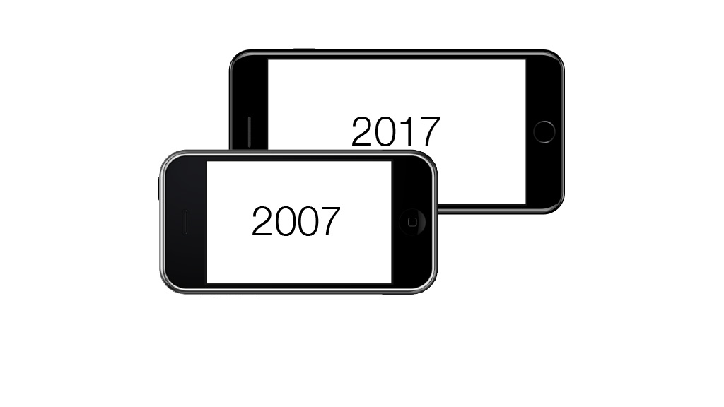 Original Applie iPhone launched in 2007 and the larger iPhone 7+ in 2017.