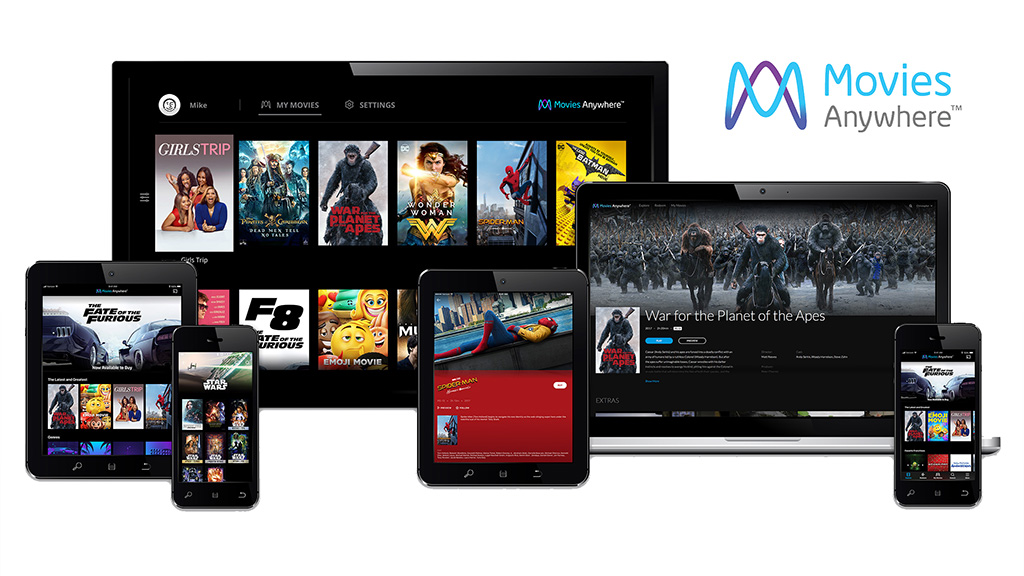 Movies Anywhere from Disney, available on different devices and displays.