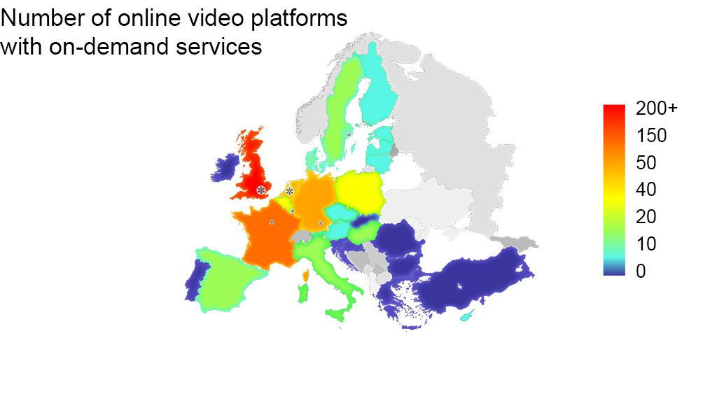 Heat map showing online video services in Europe by country of origin. Source: TVT/MAC.