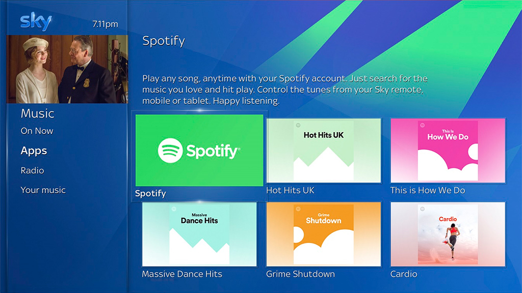 New Sky Q interface, incorporating Spotify. Image: Sky