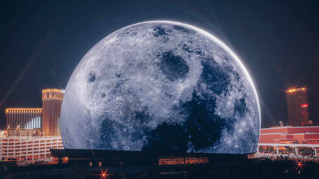 Exterior of the Sphere at the Venetian Resort in Las Vegas, showing the surface of the moon. Source: Sphere Entertainment.