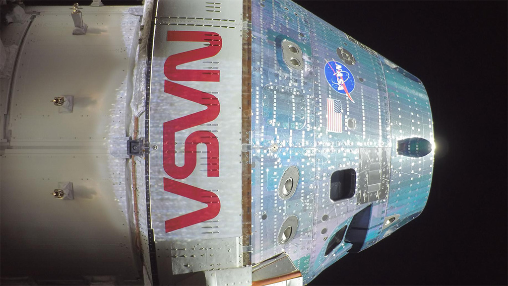 Orion snaps a selfie. April 3, 2026. Orion snapped this high-resolution selfie in space with a camera mounted on one of its solar array wings during a routine external inspection of the spacecraft on the second day into the Artemis II mission. Source: NASA